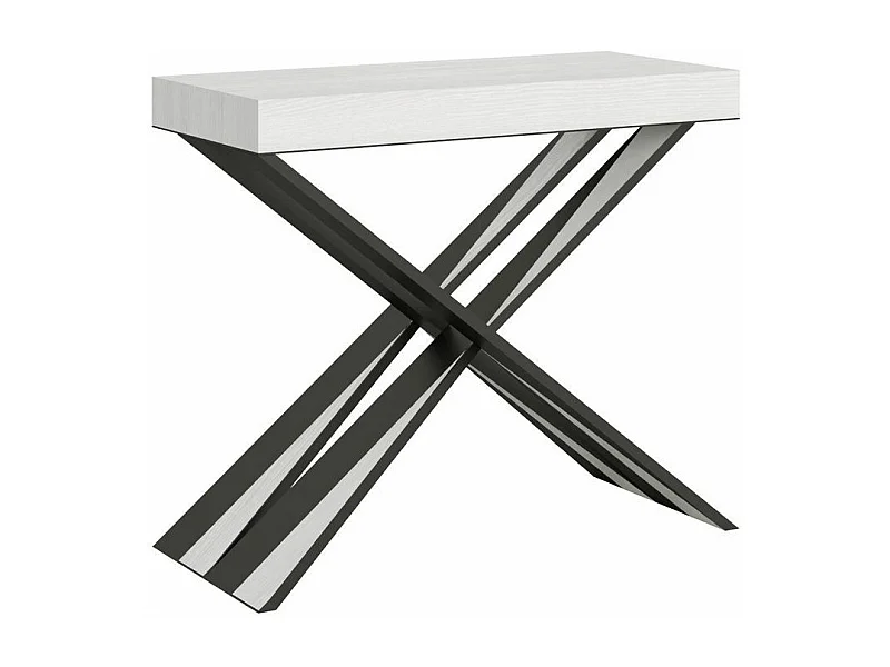 Console extensible bois pieds croisés anthracite Diago-Couleur Blanc-4 pieds-3 rallonges fines