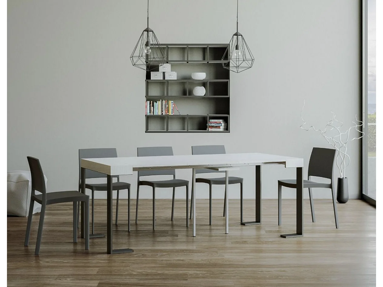 Console extensible bois et acier Tiroz-Couleur Gris ciment-4 pieds-5 rallonges épaisses