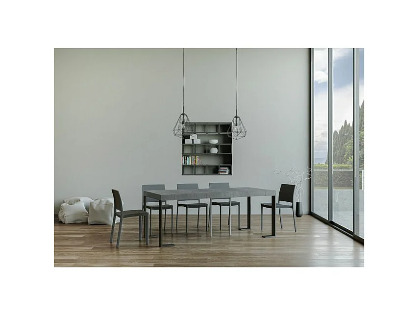 Consola extensible Lona de madera y acero 90x40/196 o 90x40/300 cm-Color Gris cemento-Soporte 4 pies-5 alargaderas gruesas