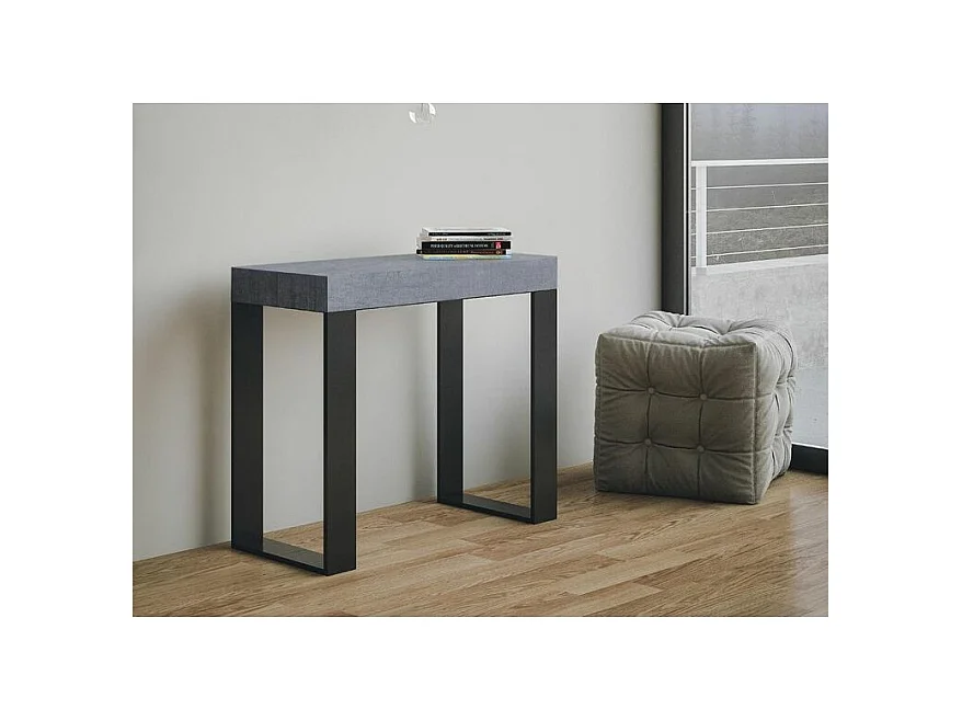 Consola extensible Lona de madera y acero 90x40/196 o 90x40/300 cm-Color Gris cemento-Soporte 4 pies-5 alargaderas gruesas