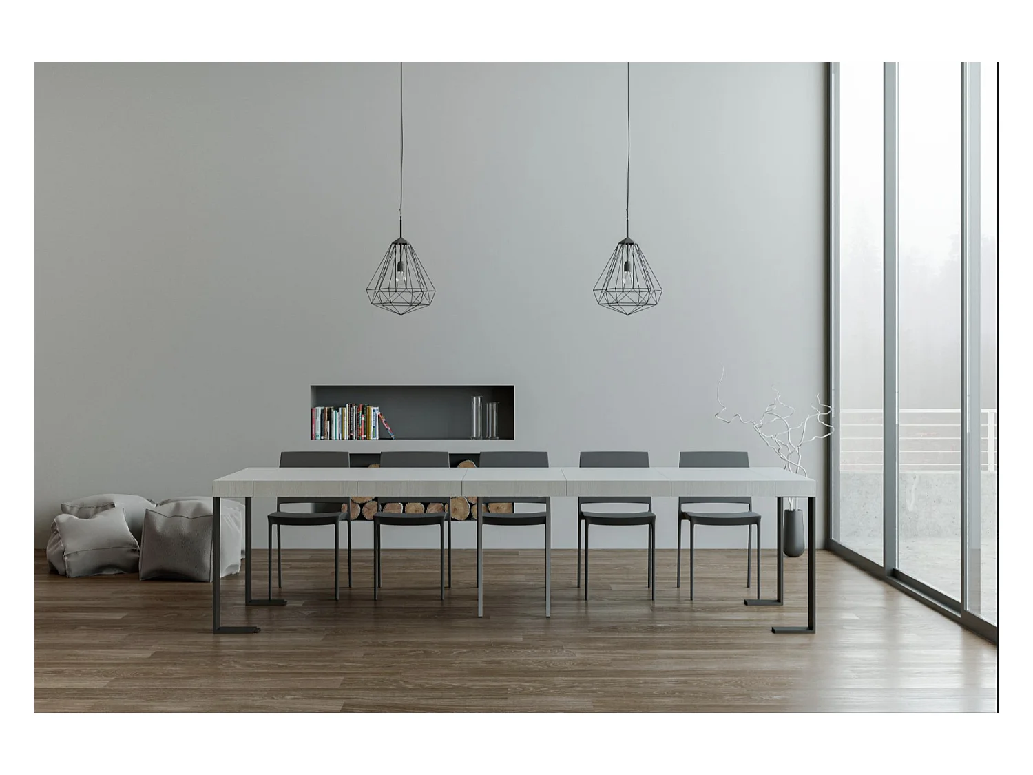 Consola extensible Lona de madera y acero 90x40/196 o 90x40/300 cm-Color Gris cemento-Soporte 4 pies-5 alargaderas gruesas