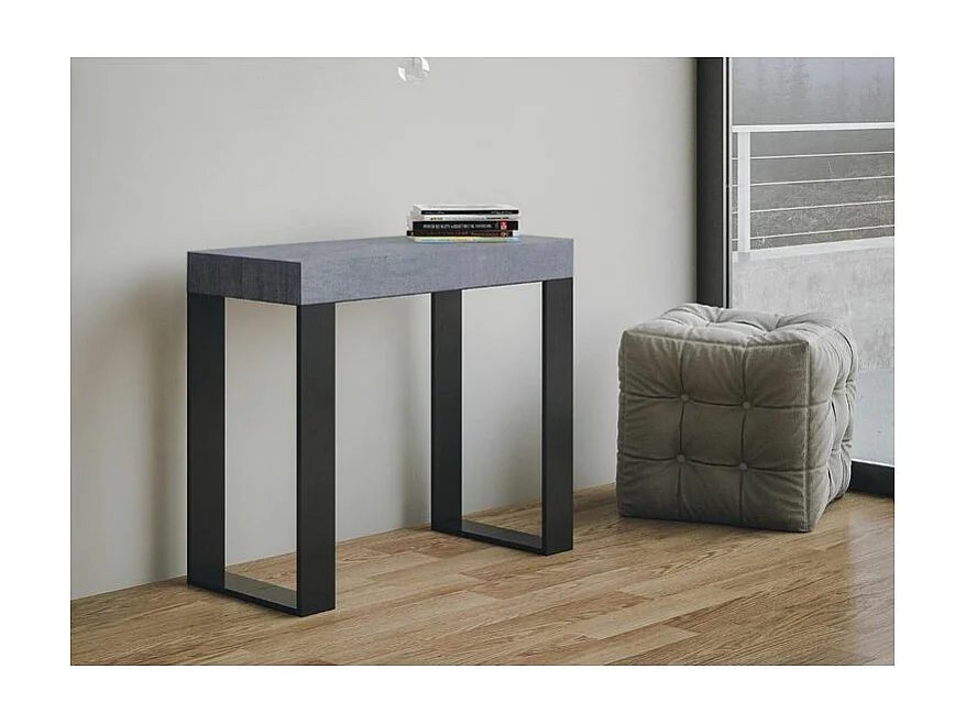 Consola extensible Lona de madera y acero 90x40/196 o 90x40/300 cm-Color Gris cemento-Soporte 4 pies-5 alargaderas gruesas