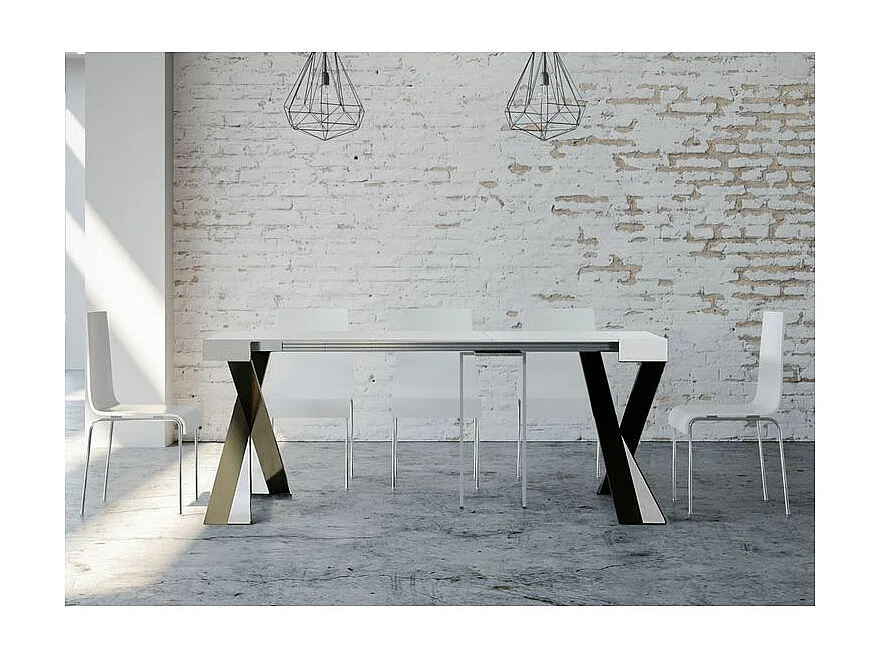 Console extensible bois pieds croisés anthracite Diago-Couleur Blanc-Sur roulettes-5 rallonges fines