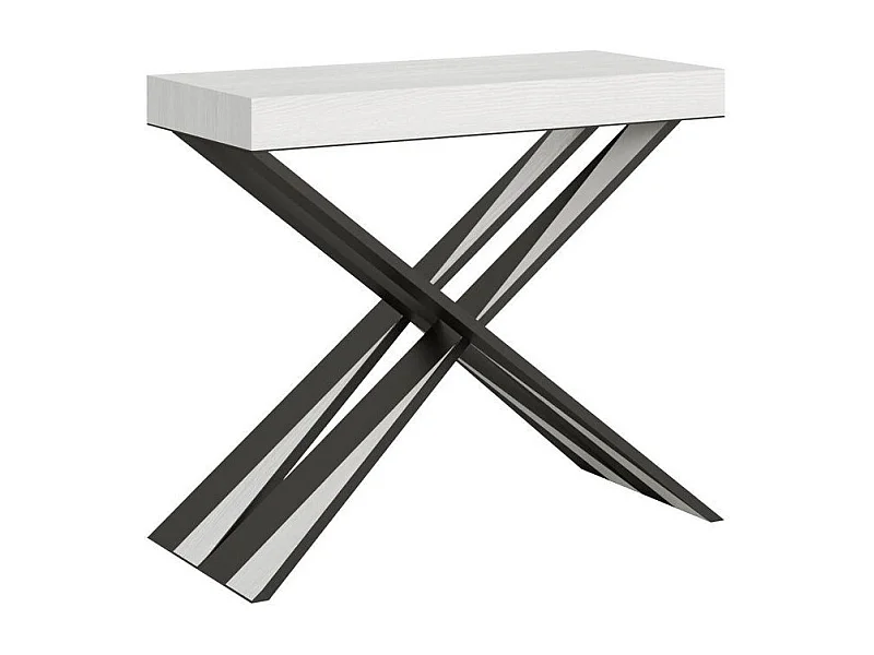 Console extensible bois pieds croisés anthracite Diago-Couleur Blanc-Sur roulettes-5 rallonges fines