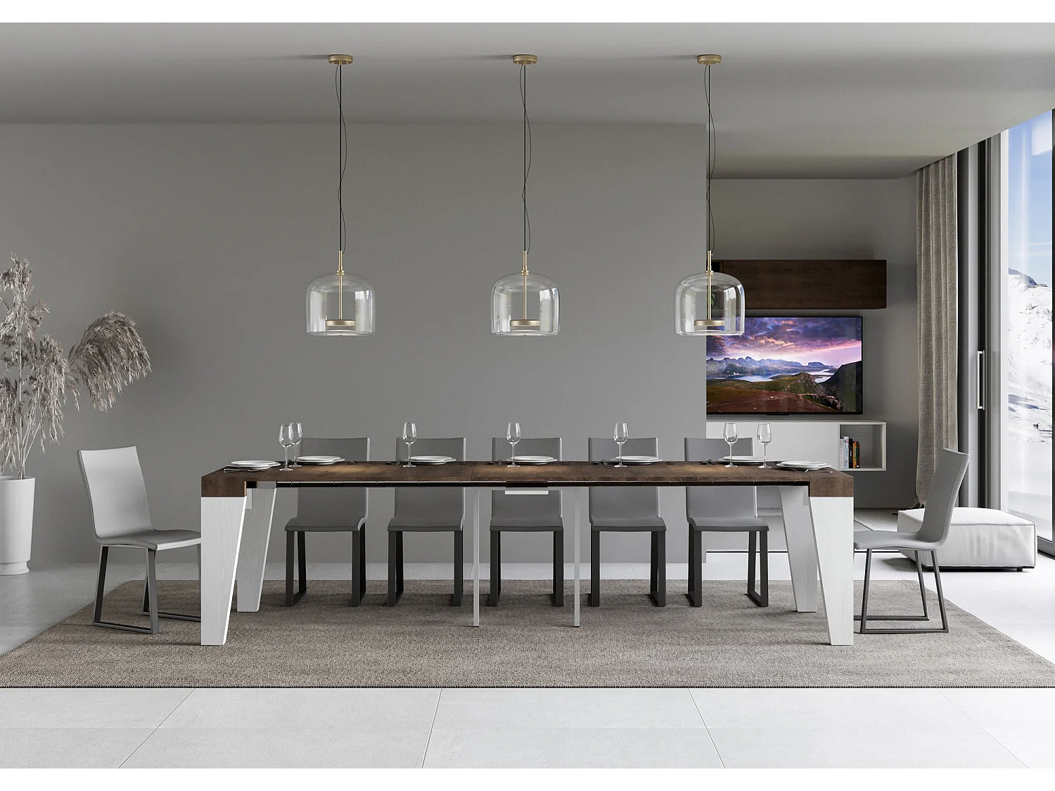 Console extensible bois noyer pieds bois blanc 12 personnes 40 à 300cm Naxo-Sur roulettes