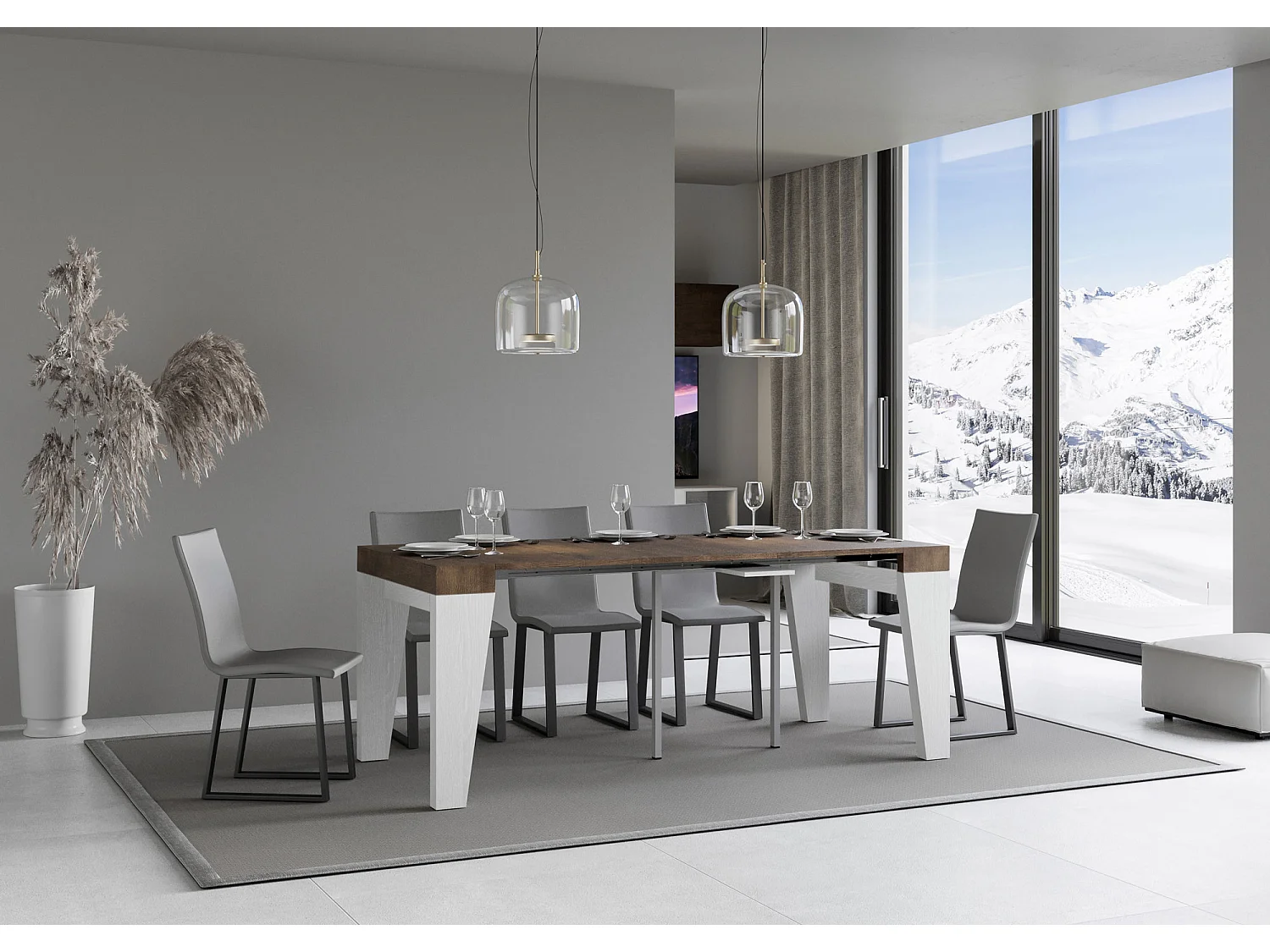 Console extensible bois noyer pieds bois blanc 12 personnes 40 à 300cm Naxo-Sur roulettes