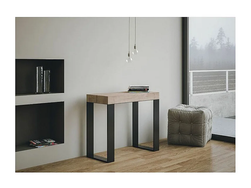 Lona uitschuifbare console van hout en staal 90x40/196 of 90x40/300 cm-Kleur Natuurlijk-Steun 4 voet-Verlengsnoeren 3 dunne verlengingen