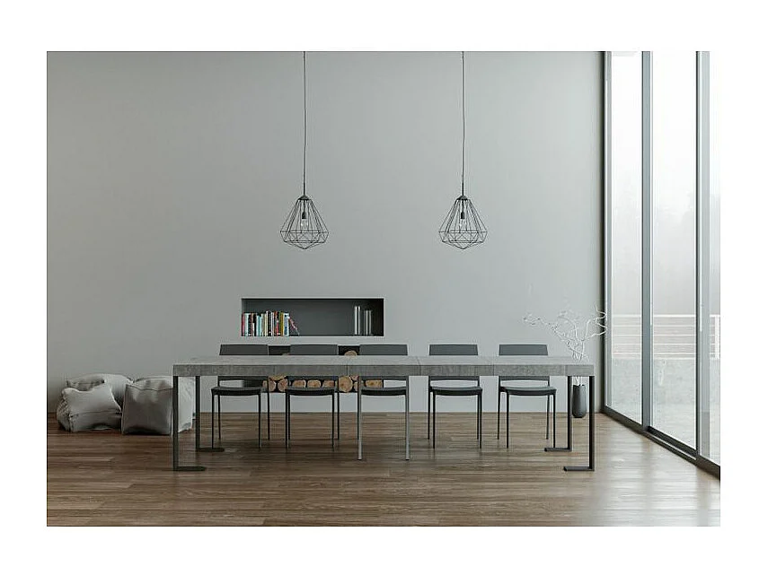 Consola extensible Lona de madera y acero 90x40/196 o 90x40/300 cm-Color Gris cemento-Soporte 2 pies-5 alargaderas gruesas