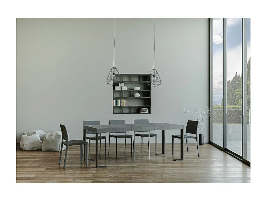 Consola extensible Lona de madera y acero 90x40/196 o 90x40/300 cm-Color Gris cemento-Soporte 2 pies-5 alargaderas gruesas