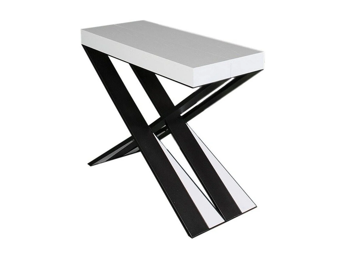 Diago uitschuifbare console design in hout en gekruiste antraciet stalen poten 90x40/196 of 90x40/300 cm-Kleur Wit-Steun 4 voet-Verlengsnoeren 5 dunne verlengingen