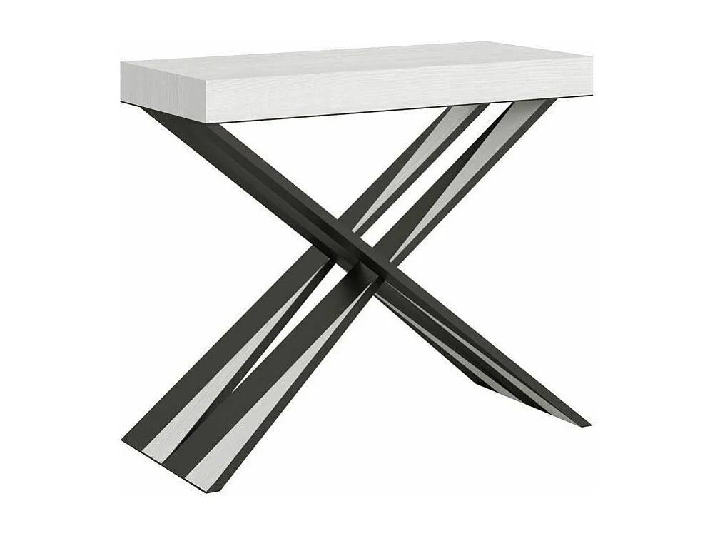 Console extensible bois pieds croisés anthracite Diago-Couleur Blanc-4 pieds-5 rallonges fines