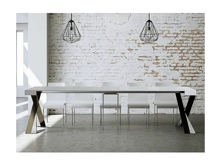 Console extensible bois pieds croisés anthracite Diago-Couleur Blanc-4 pieds-5 rallonges fines