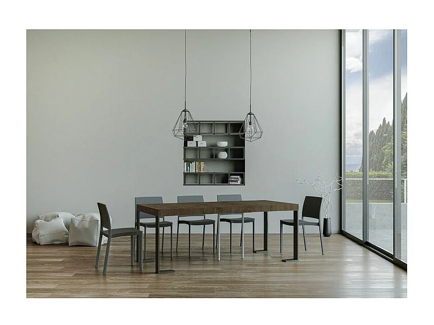 Consola extensible Lona de madera y acero 90x40/196 o 90x40/300 cm-Color Marrón-Soporte 2 pies-5 alargaderas gruesas