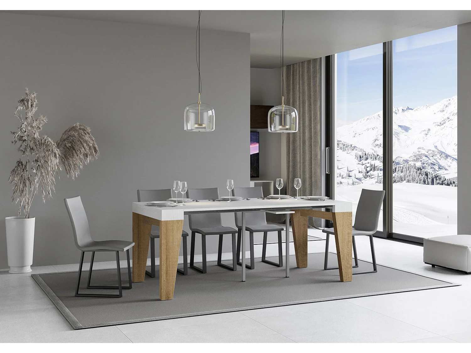 Console extensible blanche pieds bois naturel 12 personnes 40 à 300cm Naxo-4 pieds