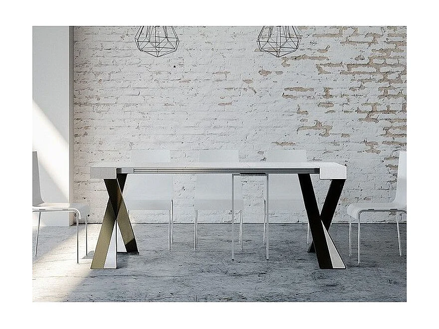 Consola extensible de diseño Diago en madera y patas cruzadas de acero antracita 90x40/196 o 90x40/300 cm-Color Blanco-Base y soporte con ruedas-3 alargaderas finas