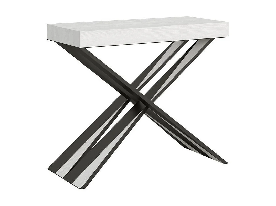 Console extensible bois pieds croisés anthracite Diago-Couleur Blanc-Sur roulettes-3 rallonges fines