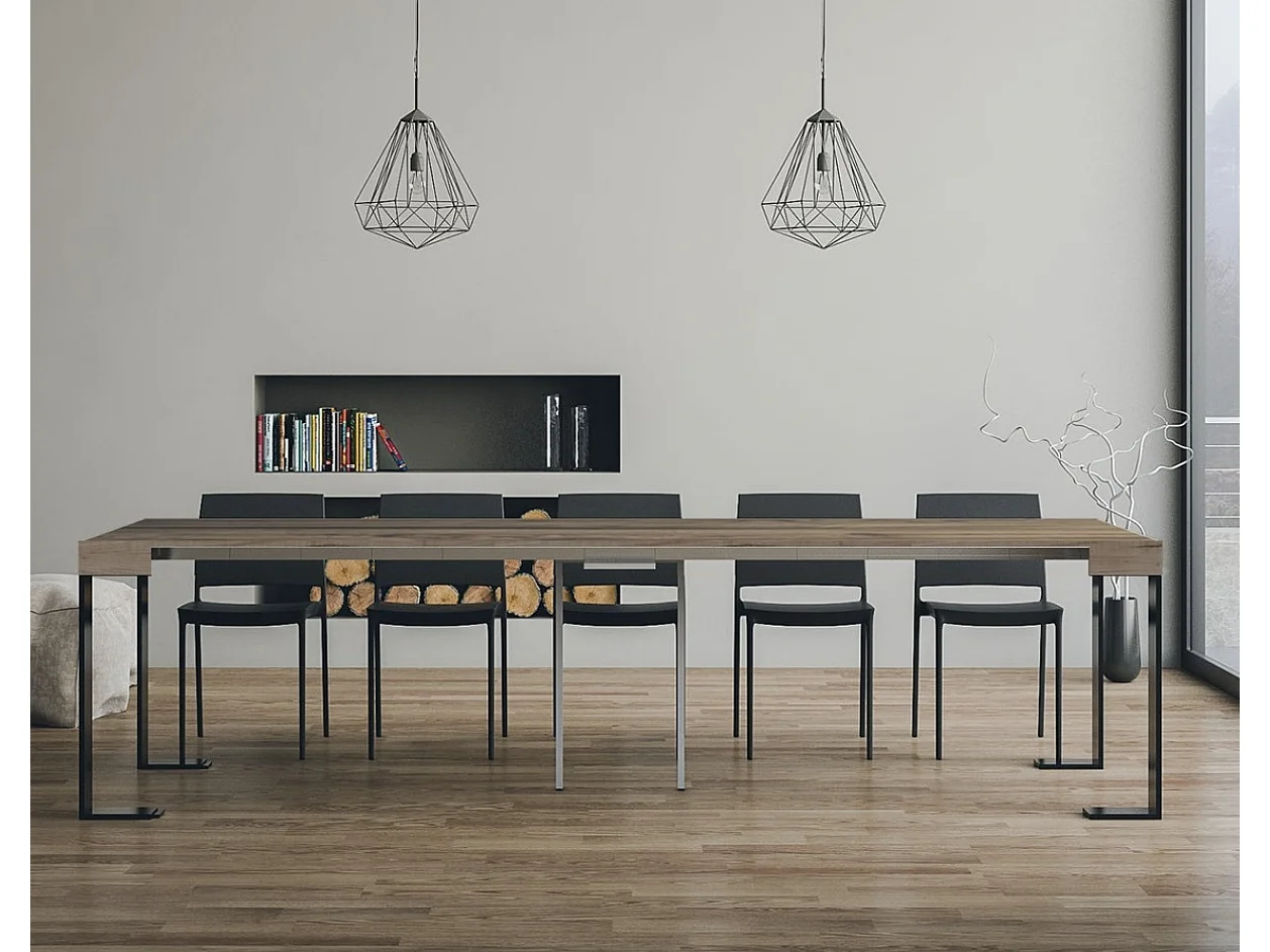 Lona uitschuifbare console van hout en staal 90x40/196 of 90x40/300 cm-Kleur Natuurlijk-Steun 4 voet-Verlengsnoeren 5 dunne verlengingen