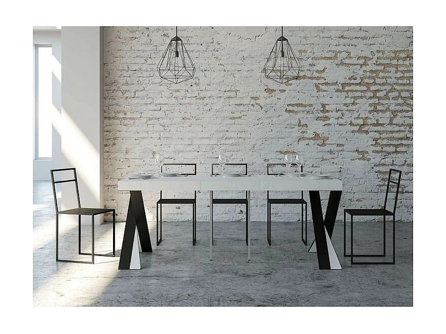 Diago uitschuifbare console design in hout en gekruiste antraciet stalen poten 90x40/196 of 90x40/300 cm-Kleur Wit-Steun 2 voet-Verlengsnoeren 5 dikke extensies