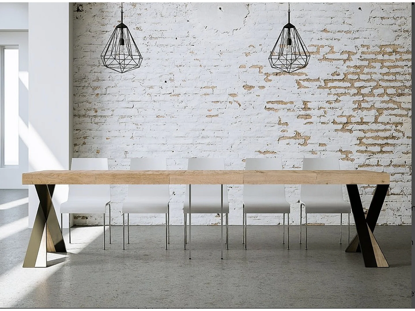 Diago uitschuifbare console design in hout en gekruiste antraciet stalen poten 90x40/196 of 90x40/300 cm-Kleur Wit-Steun 2 voet-Verlengsnoeren 5 dikke extensies