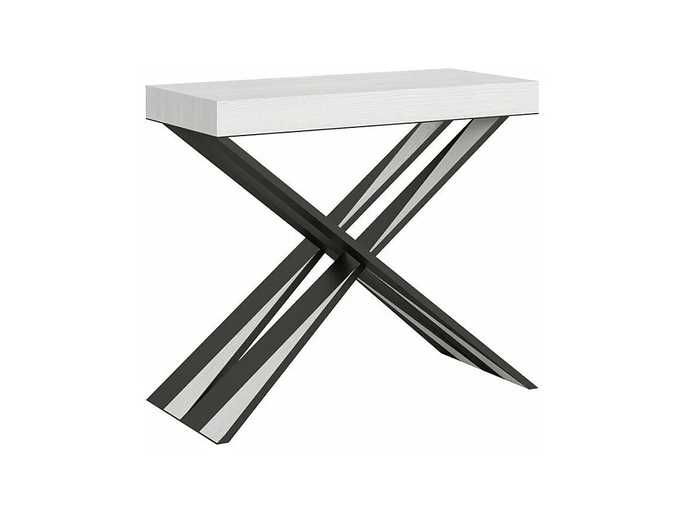 Console extensible bois pieds croisés anthracite Diago-Couleur Blanc-2 pieds-5 rallonges épaisses