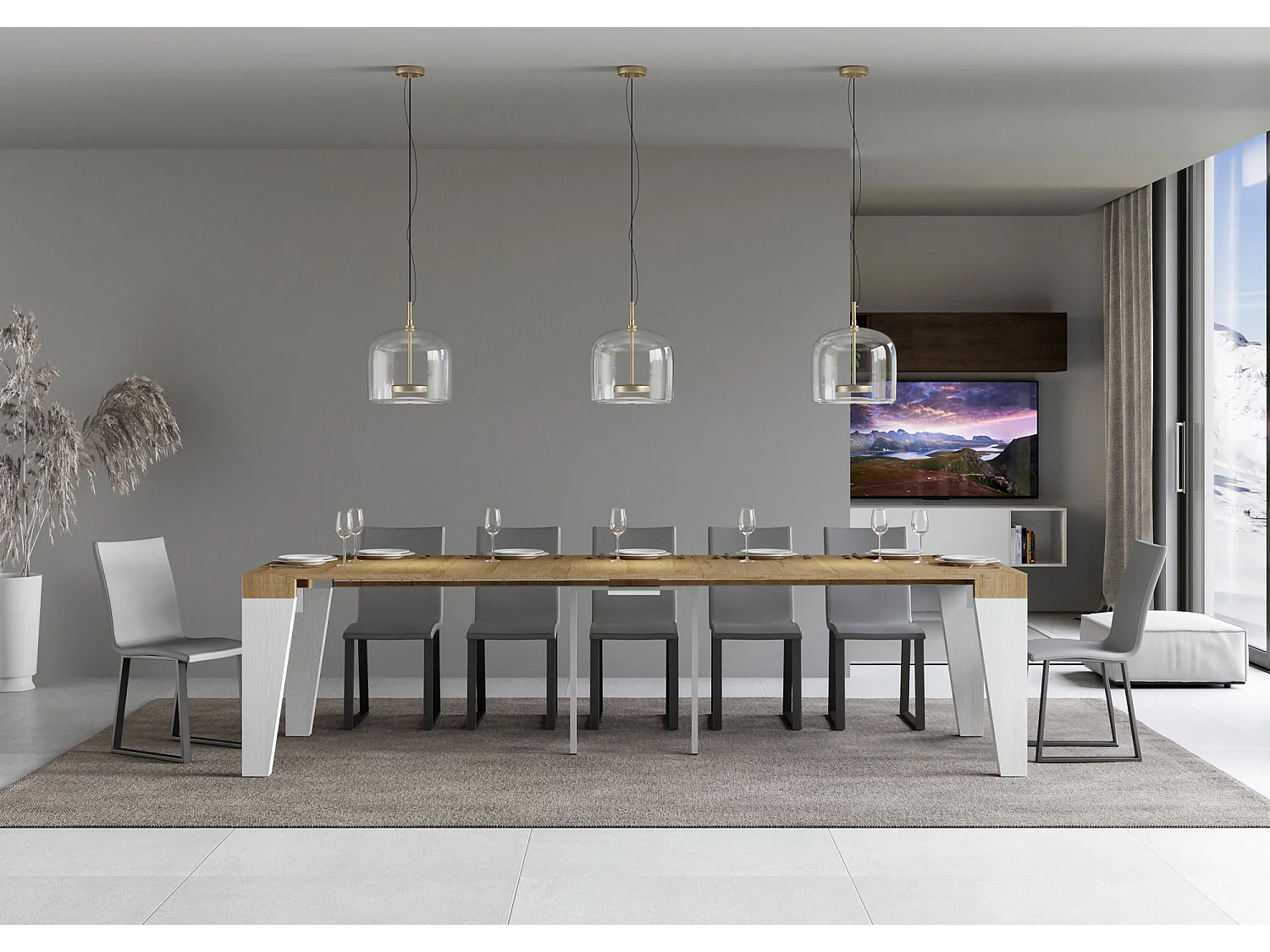 Console extensible bois clair pieds bois blanc 12 personnes 40 à 300cm Naxo-2 pieds