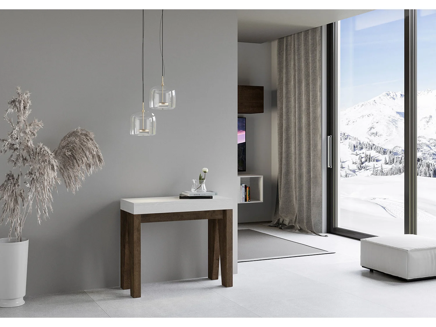 Console extensible blanche pieds bois noyer 8 personnes 40 à 196cm Naxo-4 pieds