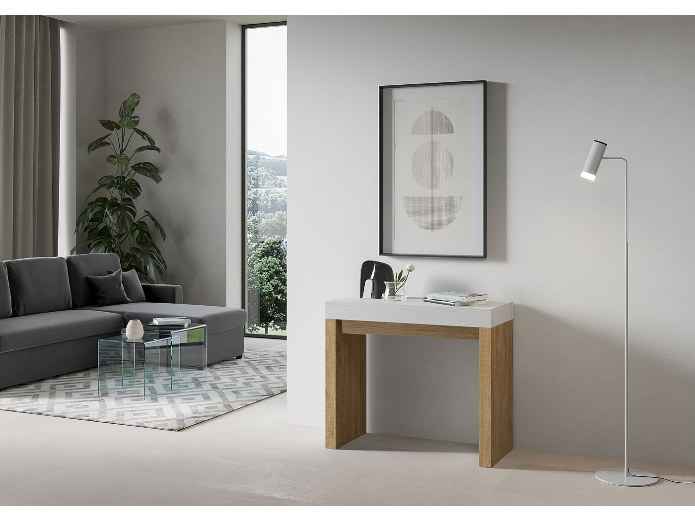 Console extensible blanche et bois clair 40 à 196cm Ribo-Support 4 pieds