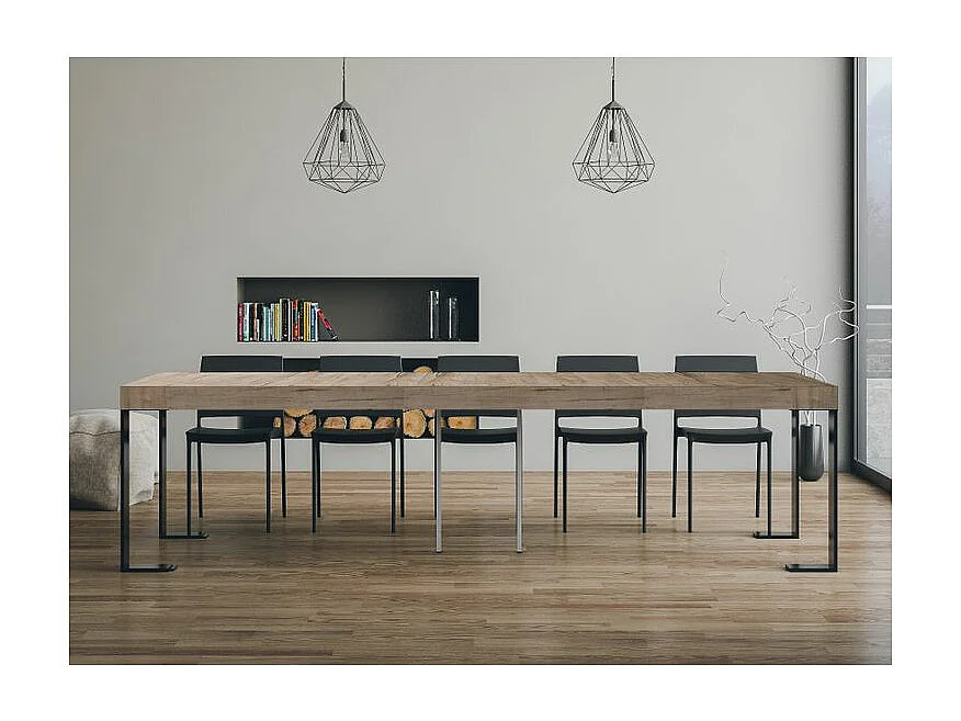 Consola extensible Lona de madera y acero 90x40/196 o 90x40/300 cm-Color Natural-Soporte 4 pies-5 alargaderas gruesas