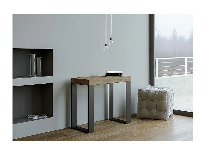 Consola extensible Lona de madera y acero 90x40/196 o 90x40/300 cm-Color Natural-Soporte 4 pies-5 alargaderas gruesas