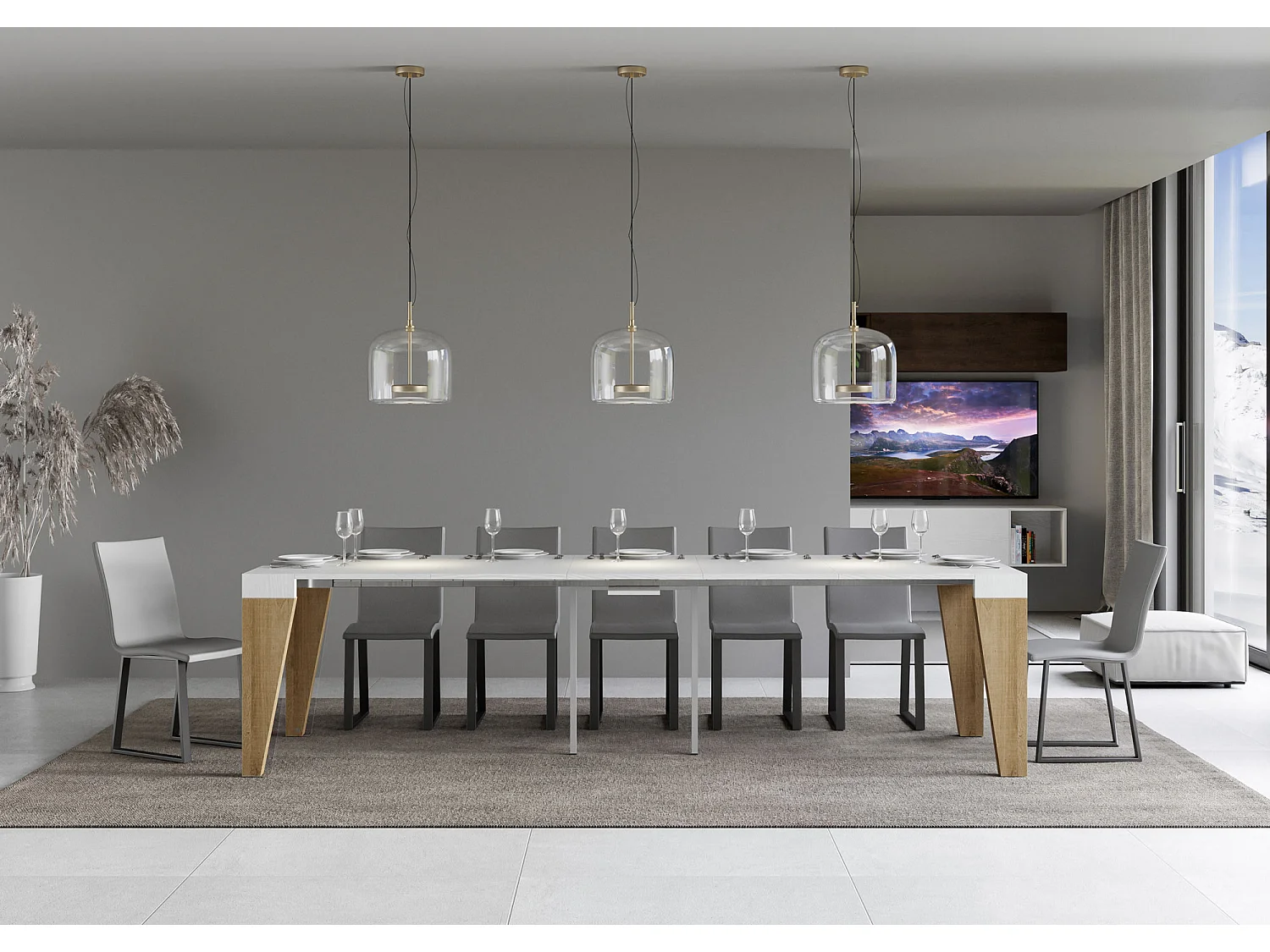 Consola extensible blanca con patas de madera natural para 12 personas de 40 a 300 cm Naxo-Soporte 2 pies