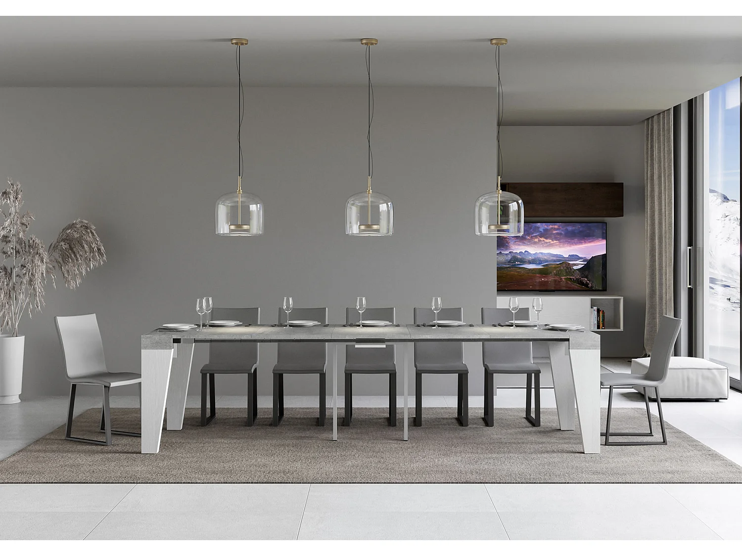 Console extensible bois gris béton pieds blanc 8 personnes 40 à 196cm Naxo-Sur roulettes