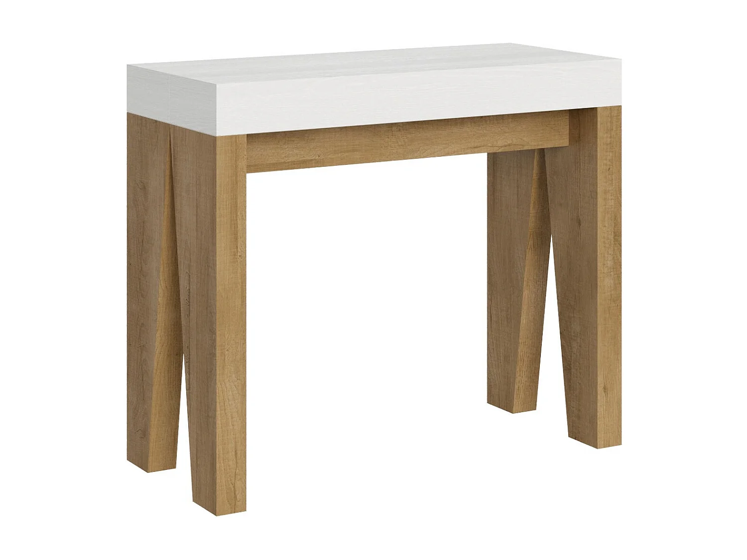 Consola extensible blanca con patas de madera natural para 12 personas de 40 a 300 cm Naxo-Base y soporte con ruedas