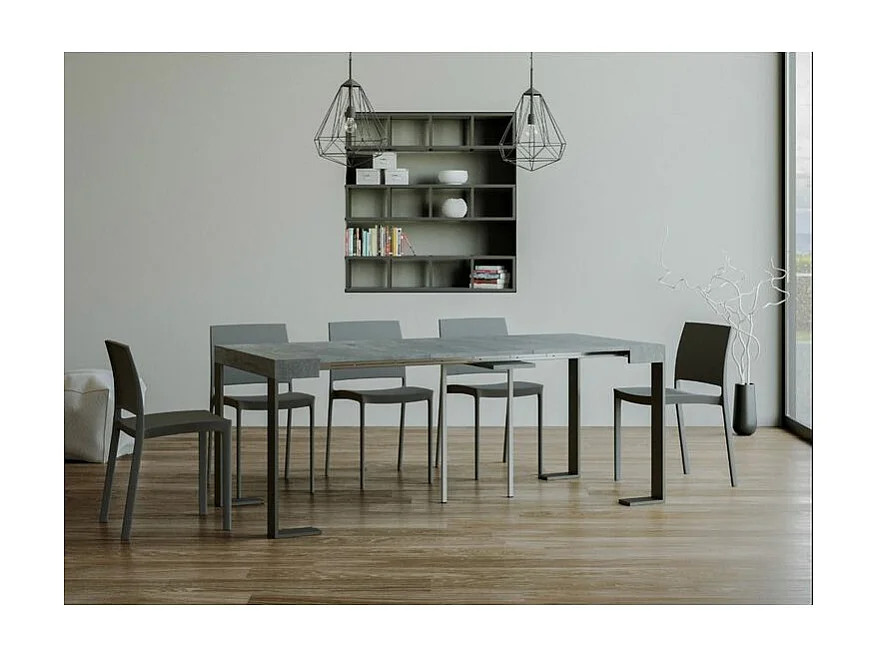 Console extensible bois et acier Tiroz-Couleur Gris ciment-4 pieds-5 rallonges fines