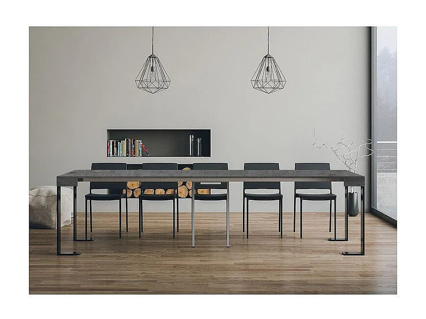 Console extensible bois et acier Tiroz-Couleur Gris ciment-4 pieds-5 rallonges fines