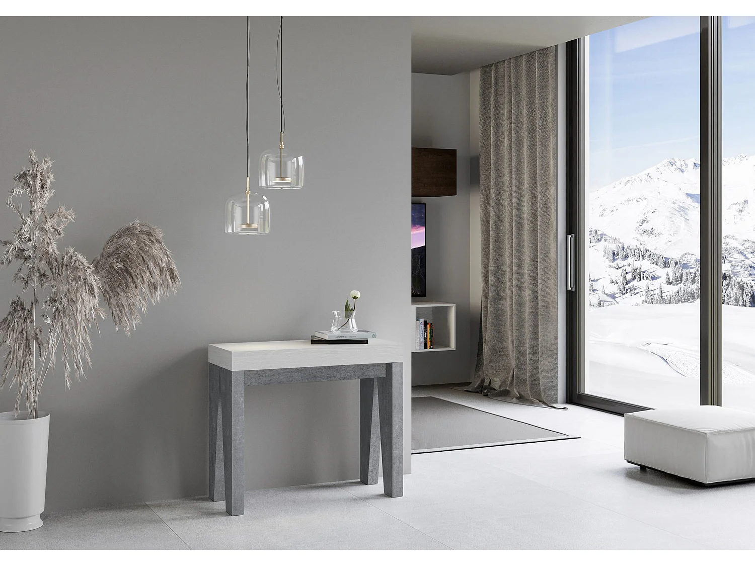 Consola extensible blanca con patas de madera gris cemento para 12 personas de 40 a 300 cm Naxo-Soporte 2 pies