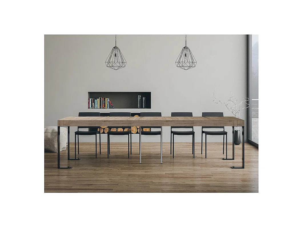 Lona uitschuifbare console van hout en staal 90x40/196 of 90x40/300 cm-Kleur Natuurlijk-Steun 2 voet-Verlengsnoeren 5 dikke extensies