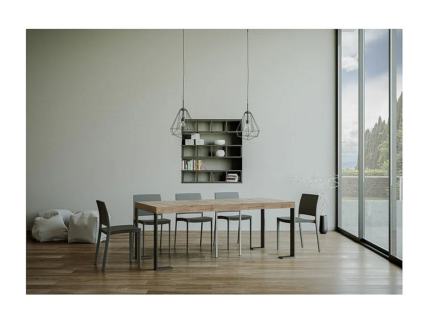 Lona uitschuifbare console van hout en staal 90x40/196 of 90x40/300 cm-Kleur Natuurlijk-Steun 2 voet-Verlengsnoeren 5 dikke extensies