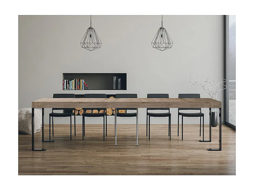 Lona uitschuifbare console van hout en staal 90x40/196 of 90x40/300 cm-Kleur Natuurlijk-Steun 2 voet-Verlengsnoeren 5 dikke extensies