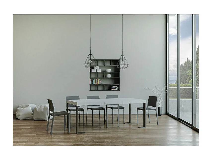 Console extensible bois et acier Tiroz-Couleur Blanc-2 pieds-3 rallonges épaisses