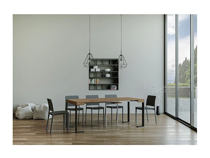 Lona uitschuifbare console van hout en staal 90x40/196 of 90x40/300 cm-Kleur Bruin-Steun 4 voet-Verlengsnoeren 3 dunne verlengingen