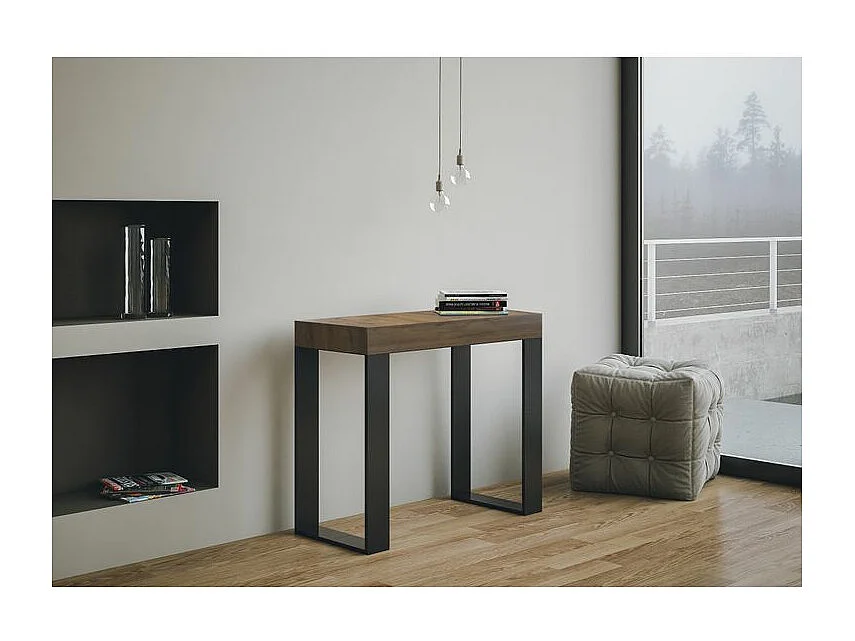 Lona uitschuifbare console van hout en staal 90x40/196 of 90x40/300 cm-Kleur Bruin-Steun 4 voet-Verlengsnoeren 3 dunne verlengingen