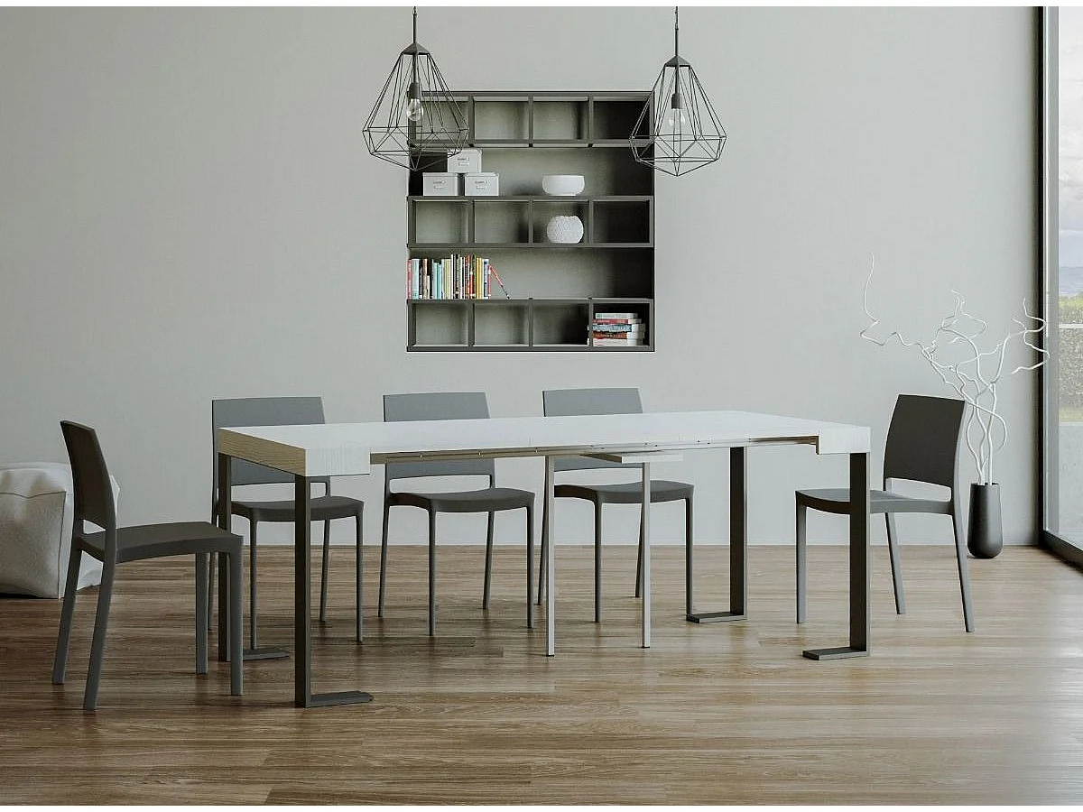 Console extensible bois et acier Tiroz-Couleur Blanc-2 pieds-3 rallonges fines