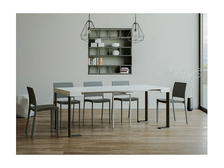 Console extensible bois et acier Tiroz-Couleur Blanc-4 pieds-3 rallonges fines