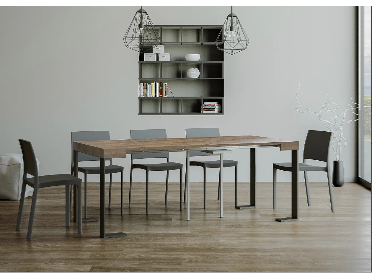 Consola extensible Lona de madera y acero 90x40/196 o 90x40/300 cm-Color Marrón-Soporte 4 pies-5 alargaderas finas