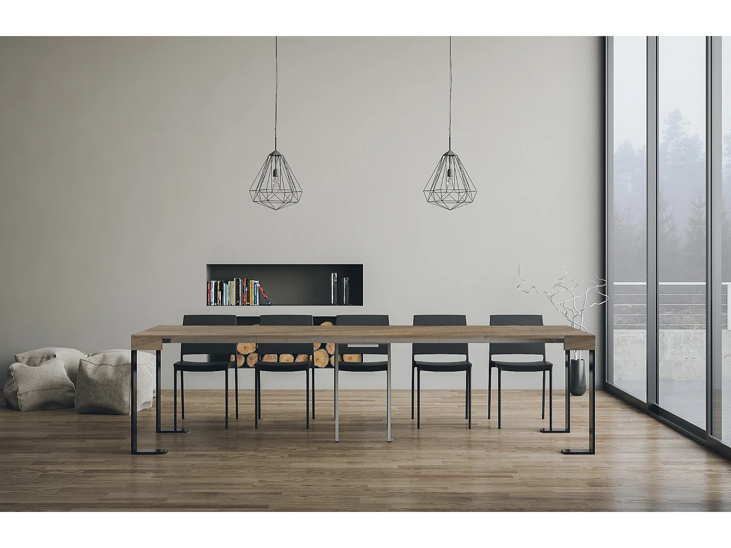 Lona uitschuifbare console van hout en staal 90x40/196 of 90x40/300 cm-Kleur Bruin-Steun 4 voet-Verlengsnoeren 5 dunne verlengingen