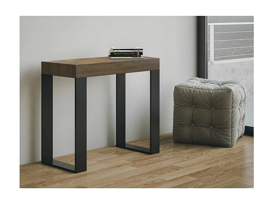 Lona uitschuifbare console van hout en staal 90x40/196 of 90x40/300 cm-Kleur Bruin-Steun 4 voet-Verlengsnoeren 5 dunne verlengingen