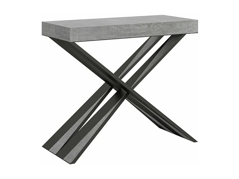 Console extensible bois pieds croisés anthracite Diago-Couleur Gris ciment-4 pieds-5 rallonges fines