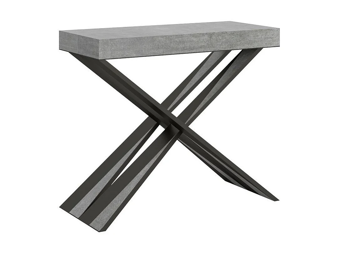 Console extensible bois pieds croisés anthracite Diago-Couleur Gris ciment-Sur roulettes-5 rallonges fines