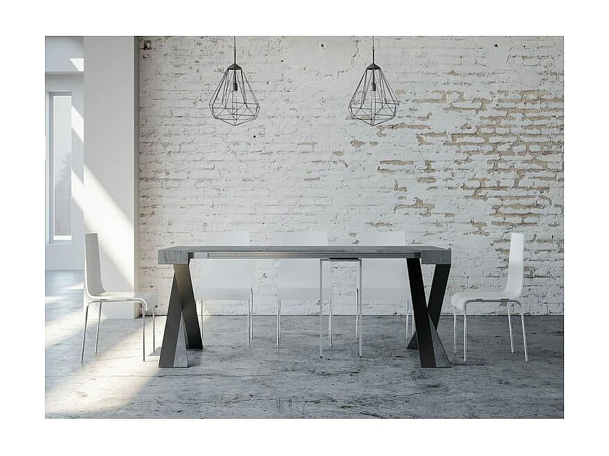 Console extensible bois pieds croisés anthracite Diago-Couleur Gris ciment-Sur roulettes-5 rallonges fines