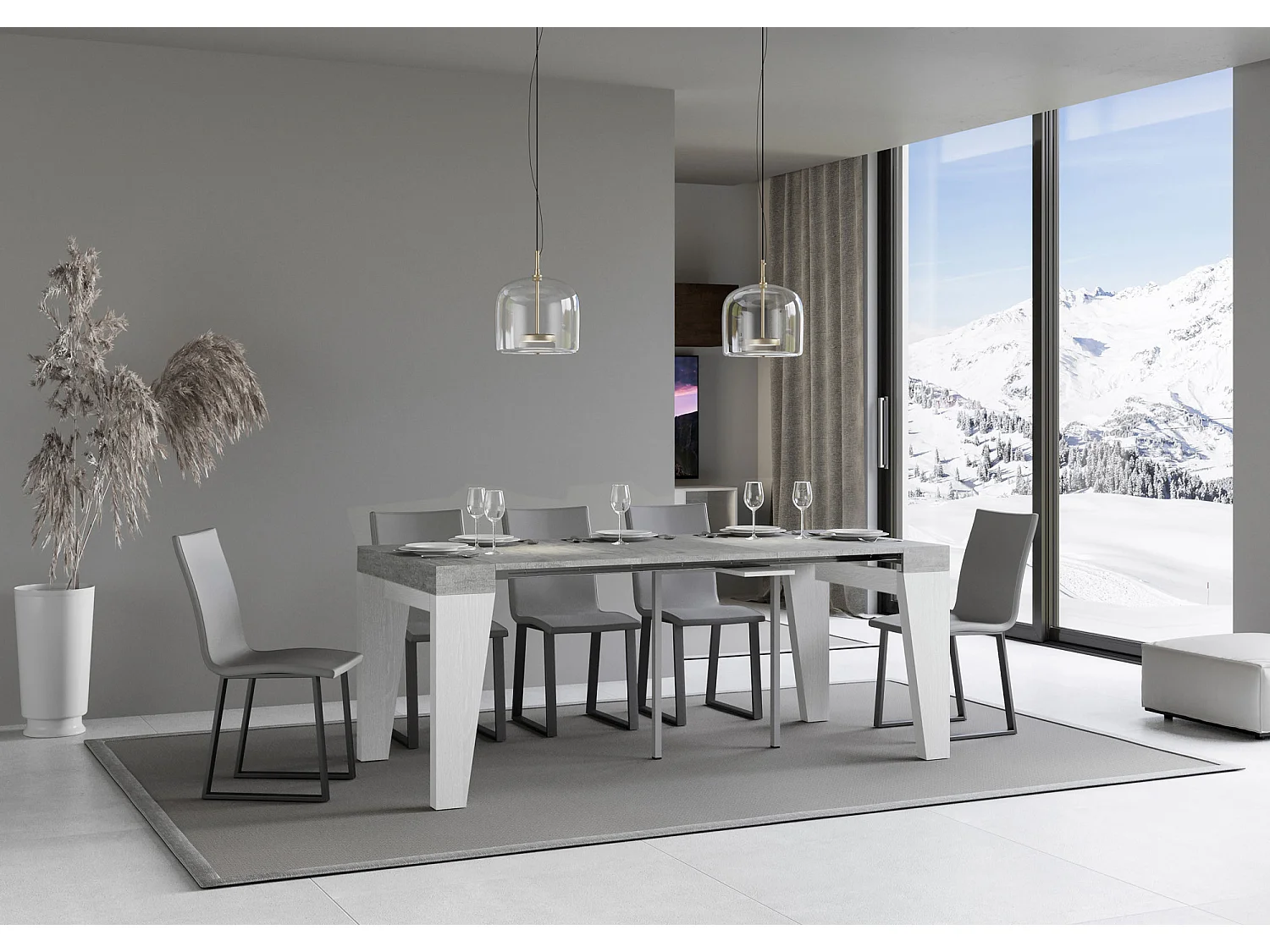 Console extensible gris béton pieds bois blanc 12 personnes 40 à 300cm Naxo-2 pieds